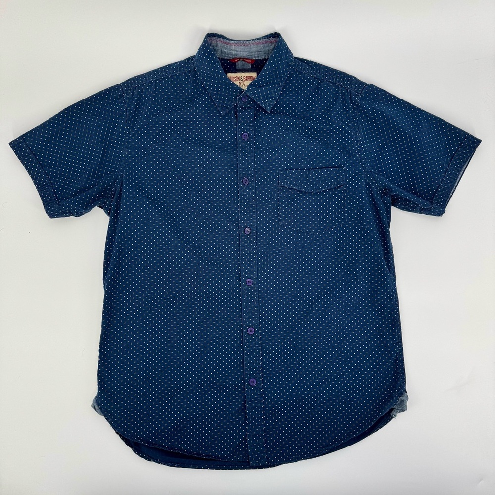 5 for $30 Sale! Hudson & barrow tan & navy polka dot short sleeve button down